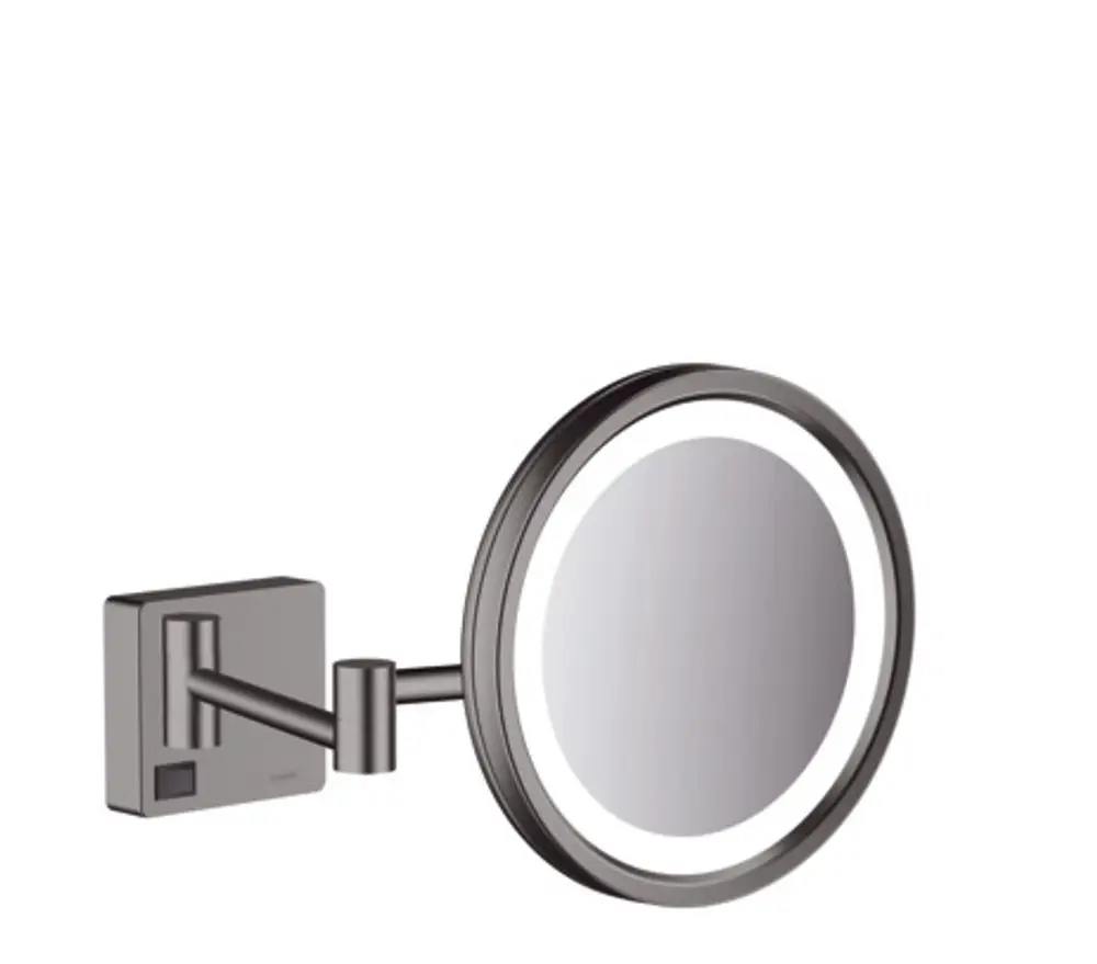 Wandmontierter Spiegel mit LED-Beleuchtung in gebürstetem Schwarzchrom. Die Halterung und der Arm ermöglichen eine flexible Positionierung. von Hansgrohe.